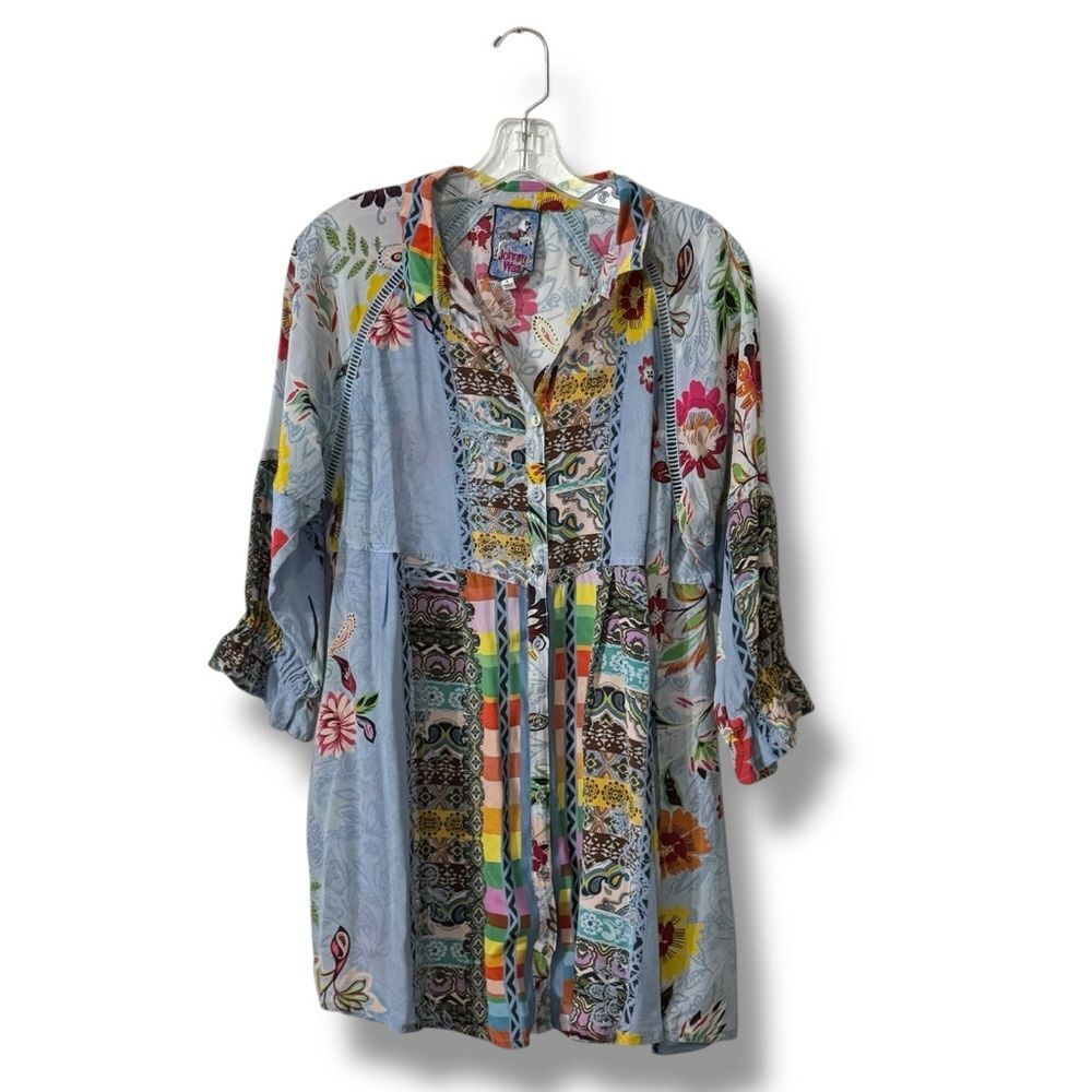 Johnny Was Rainbow Adonia Silk Tunic Floral Button Front Long Sleeve Size Small